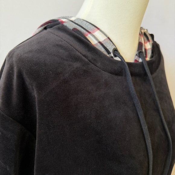 SANCTUARY VELOUR HOODIE SWEATSHIRT PLAID DETAILING PULLOVER PREPPY SCHOOL NWT M - Picture 7 of 11